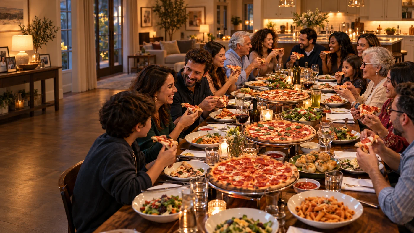 Family and friends enjoying Ferrara pizza and Italian food at a catered gathering in a home