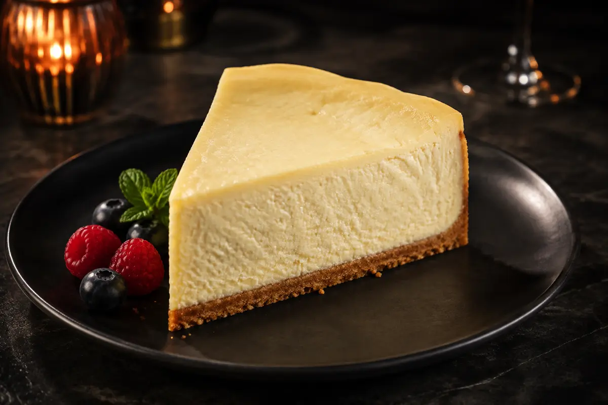 Classic New York-style cheesecake on a dark plate