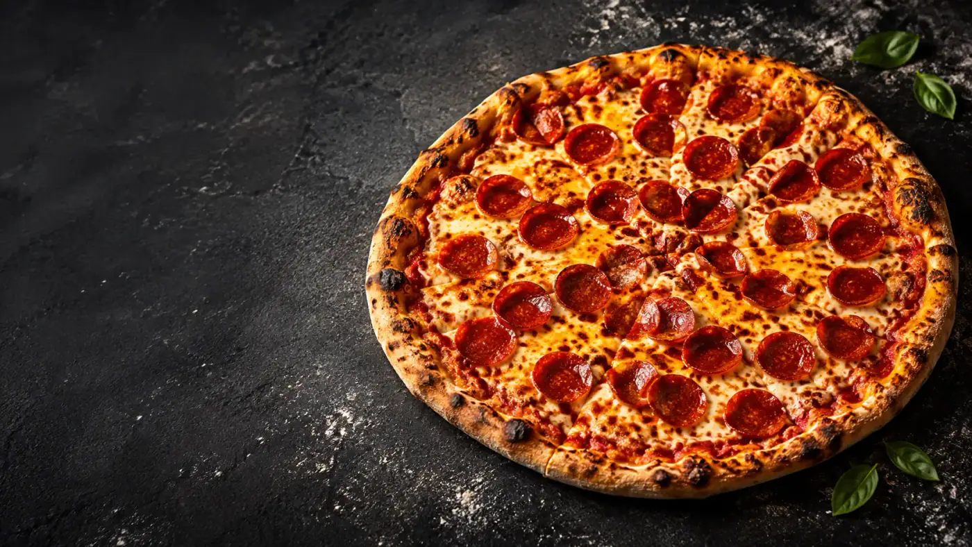 New York-style pepperoni pizza with a crisp blistered crust