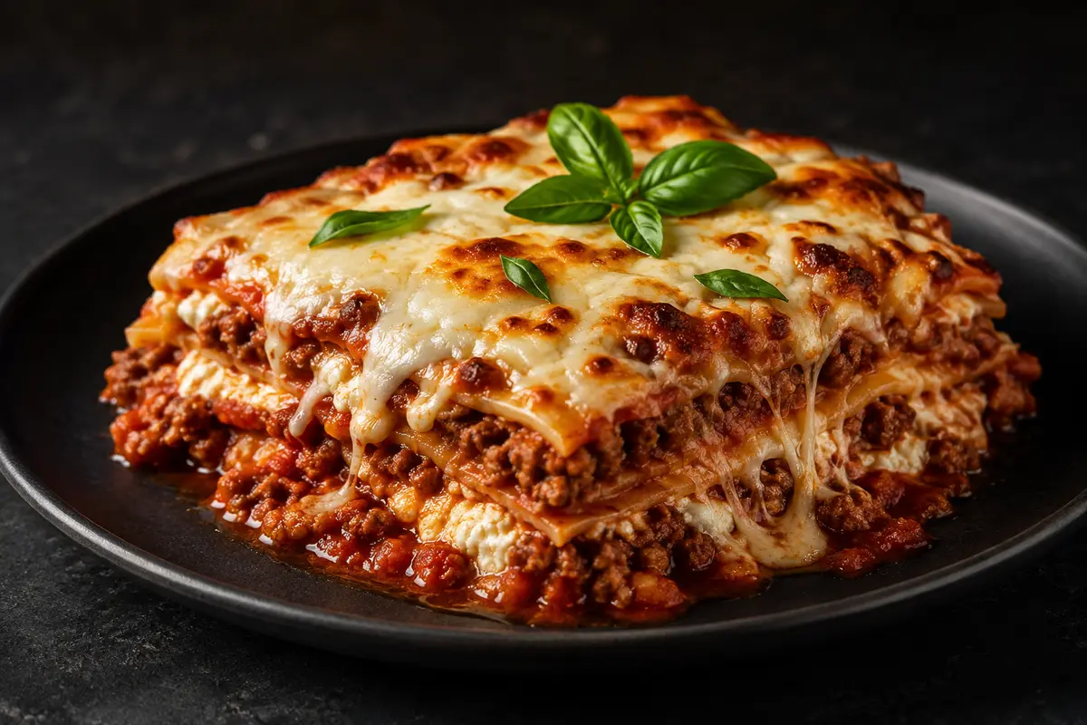 Freshly baked lasagna layered with meat sauce and melted cheese