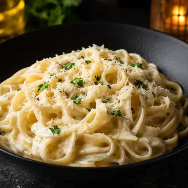 Creamy fettuccine Alfredo topped with parmesan and parsley