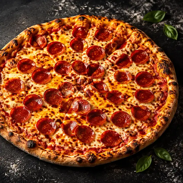 New York-style pepperoni pizza on a dark stone surface