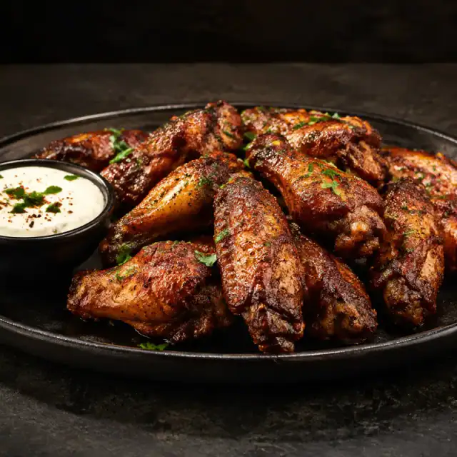 Crispy seasoned chicken wings with dipping sauce