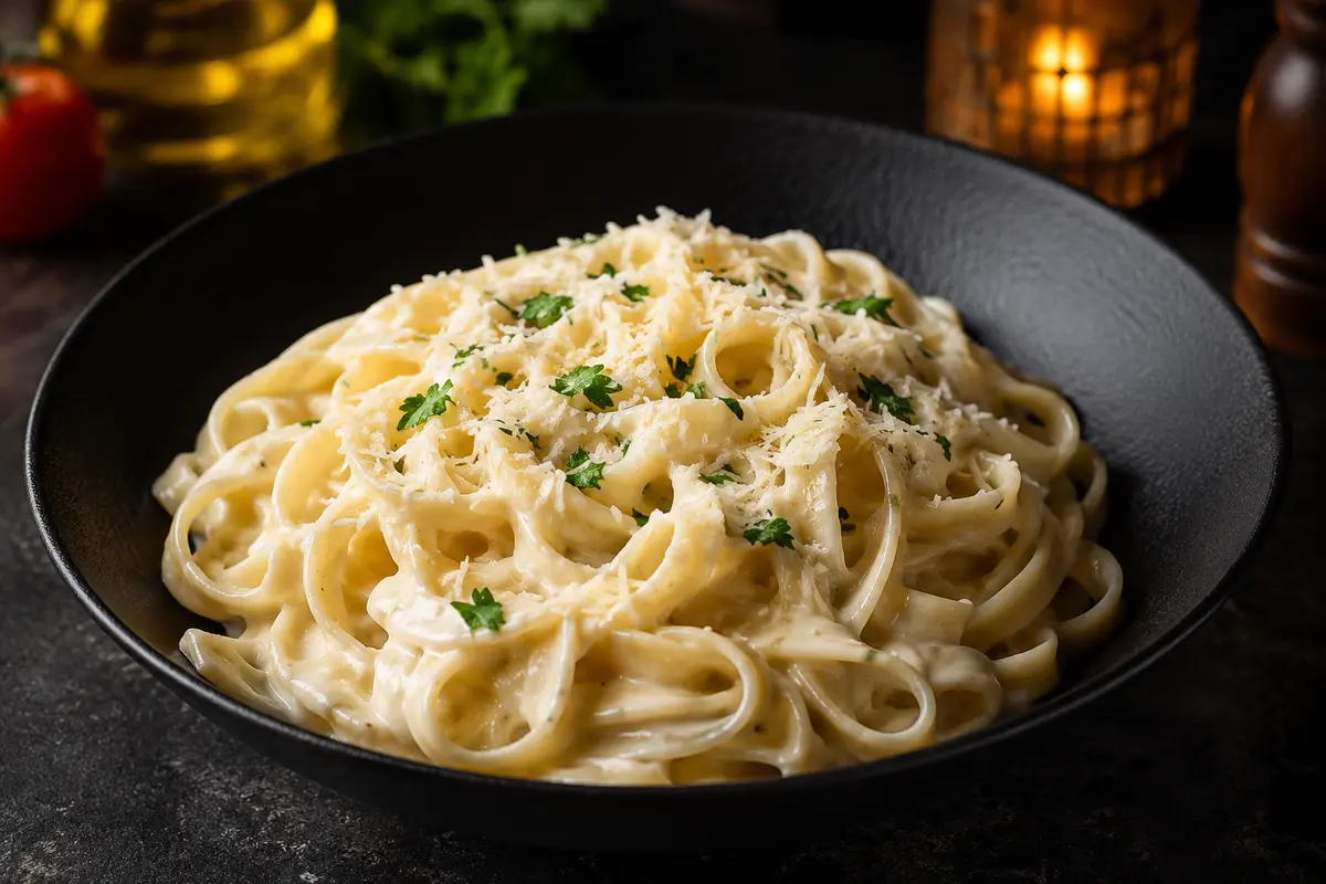 Creamy fettuccine Alfredo topped with parmesan and parsley