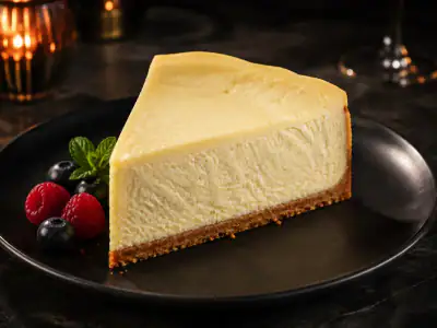 Classic New York-style cheesecake on a dark plate