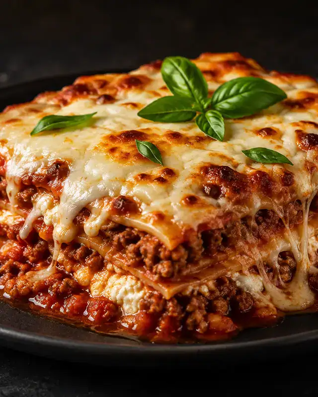Freshly baked lasagna layered with meat sauce and melted cheese
