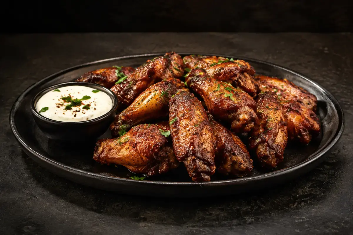 Crispy seasoned chicken wings with dipping sauce